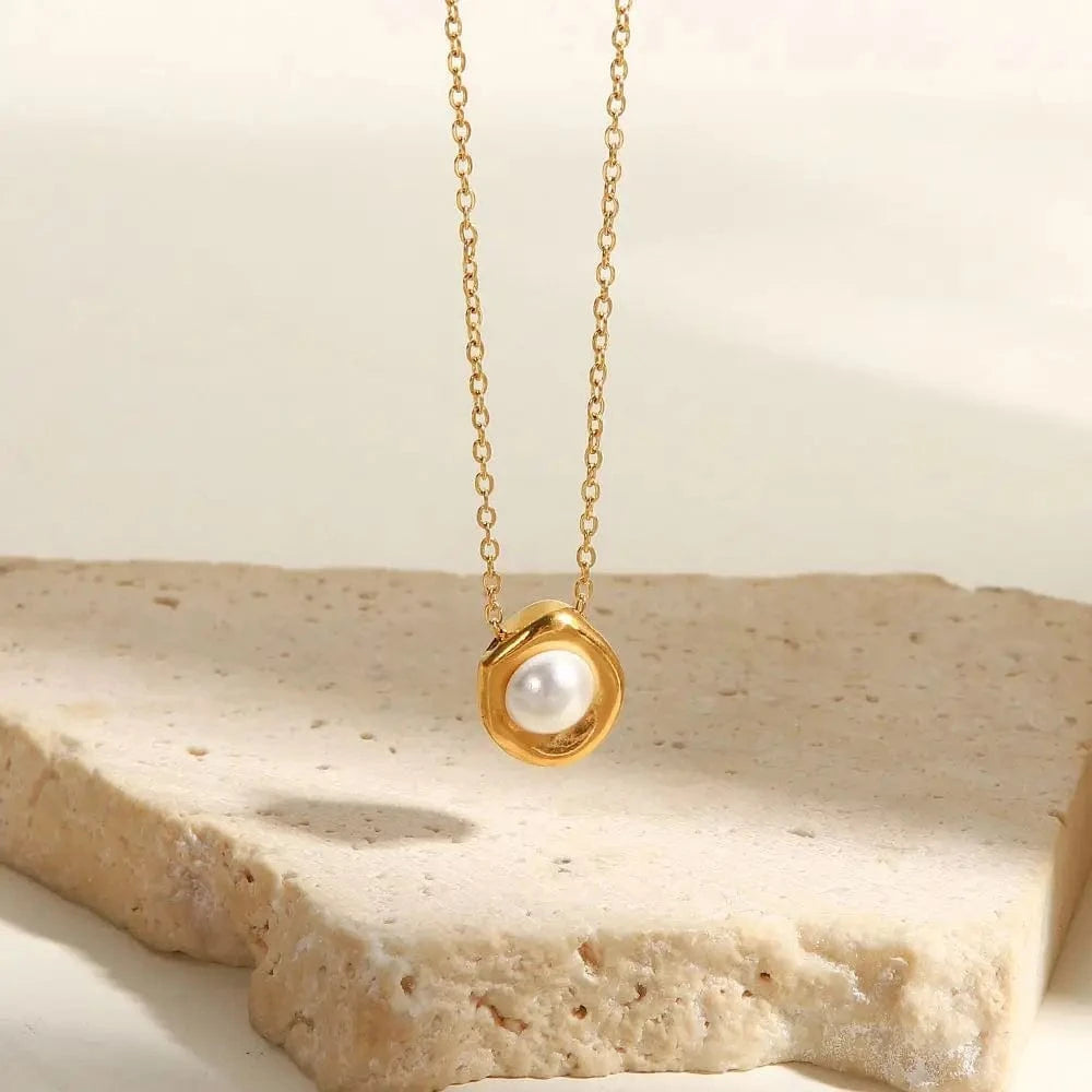 vintage / 18inches / N2424 N2424 Vintage Jewelry Stainless Steel Link Chain Pearl Necklace Irregular Pendant Paved White Pearl Necklace