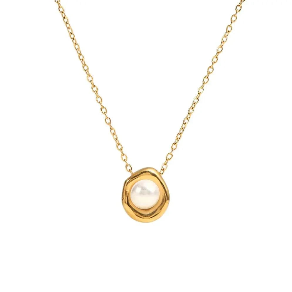 vintage / 18inches / N2424 N2424 Vintage Jewelry Stainless Steel Link Chain Pearl Necklace Irregular Pendant Paved White Pearl Necklace