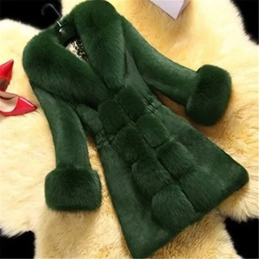 Vintage 2024 New Autumn Winter Female Mid-Long Fleece Overcoat Faux Fur Fox Fur Collar Mink Fur Coat Thicken Elegant 408