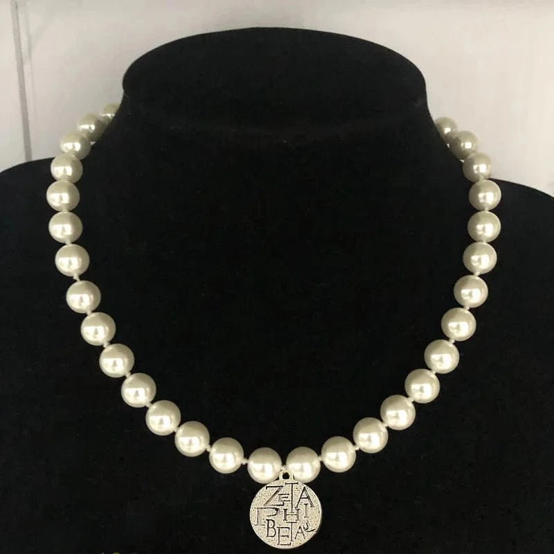 vintage / 20inches / 45cm ZETA 10mm Elegant White Glass Pearl Knot Greek Letters Pendant Necklace Bracelet Set Women Jewelry Sorority Party Gift