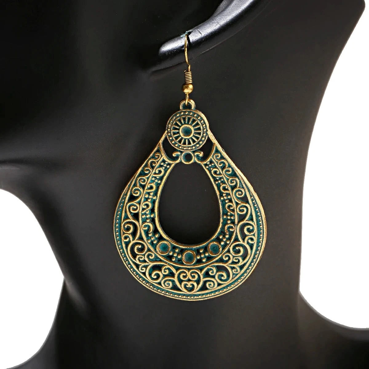 Vintage Carved Pattern Green Jhumka Water Drop Statement Hook Earrings For Women Egypt Tribal Gypsy Wedding Indian Jewelry