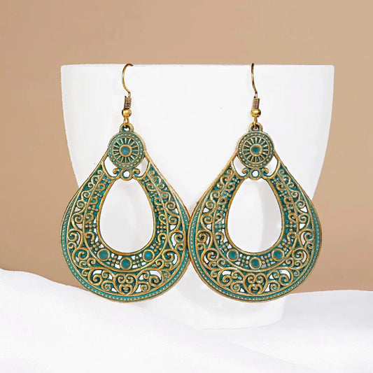Vintage Carved Pattern Green Jhumka Water Drop Statement Hook Earrings For Women Egypt Tribal Gypsy Wedding Indian Jewelry