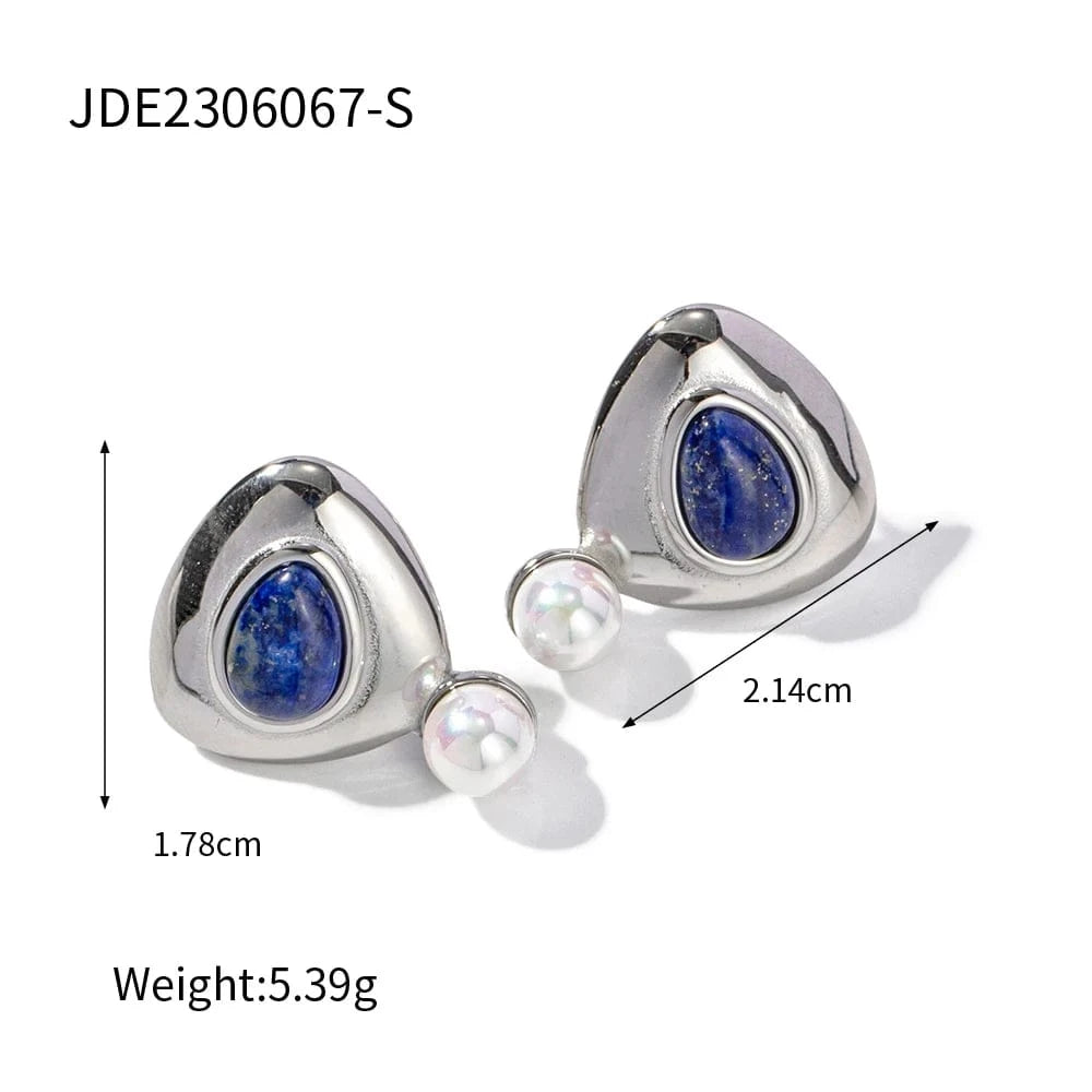 Vintage / E1827S E1827 Waterproof Triangle Shape Drop Earring 18k Gold Stainless Steel Round Lapis Stone Pearl Drop Earrings