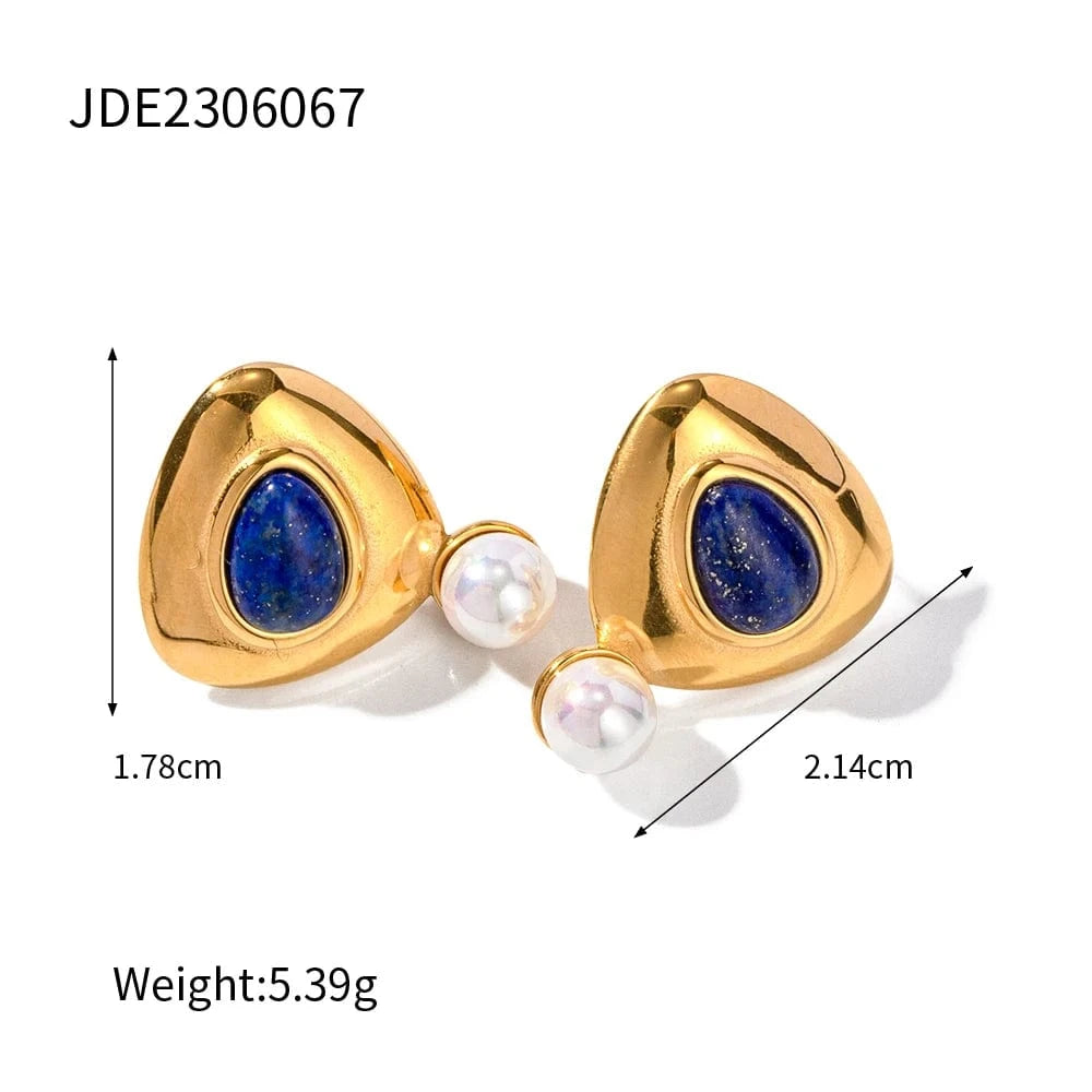 Vintage / E1830 E1830 Pearl Triangle Lazurite JD Designer 18k Gold Stainless Steel Waterproof Round Earrings for Women