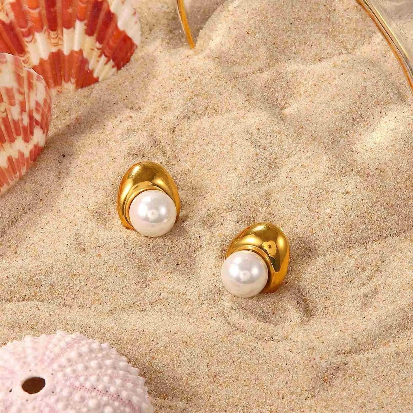 Vintage / E2251 E2251 Waterproof Jewelry 18K Gold Plated Pearl Earring Stainless Steel Pearl stud Earring for Women