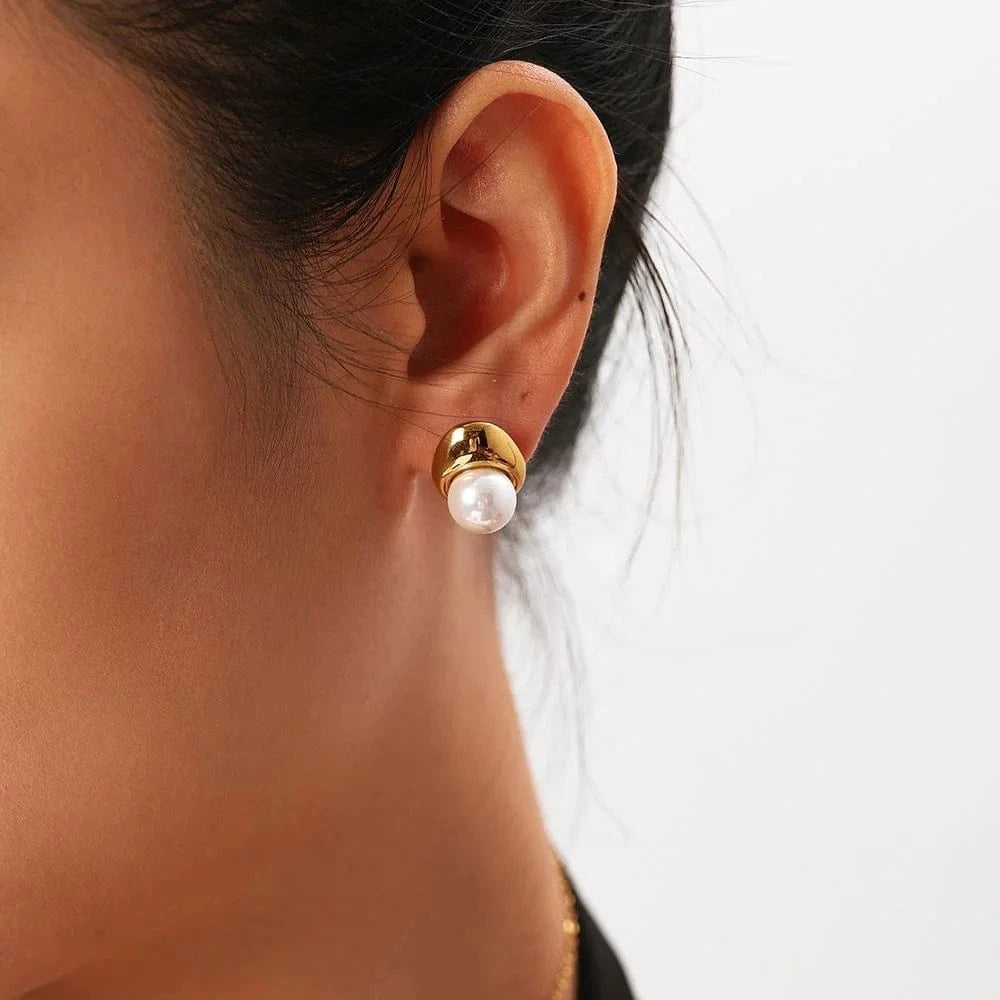 Vintage / E2251 E2251 Waterproof Jewelry 18K Gold Plated Pearl Earring Stainless Steel Pearl stud Earring for Women