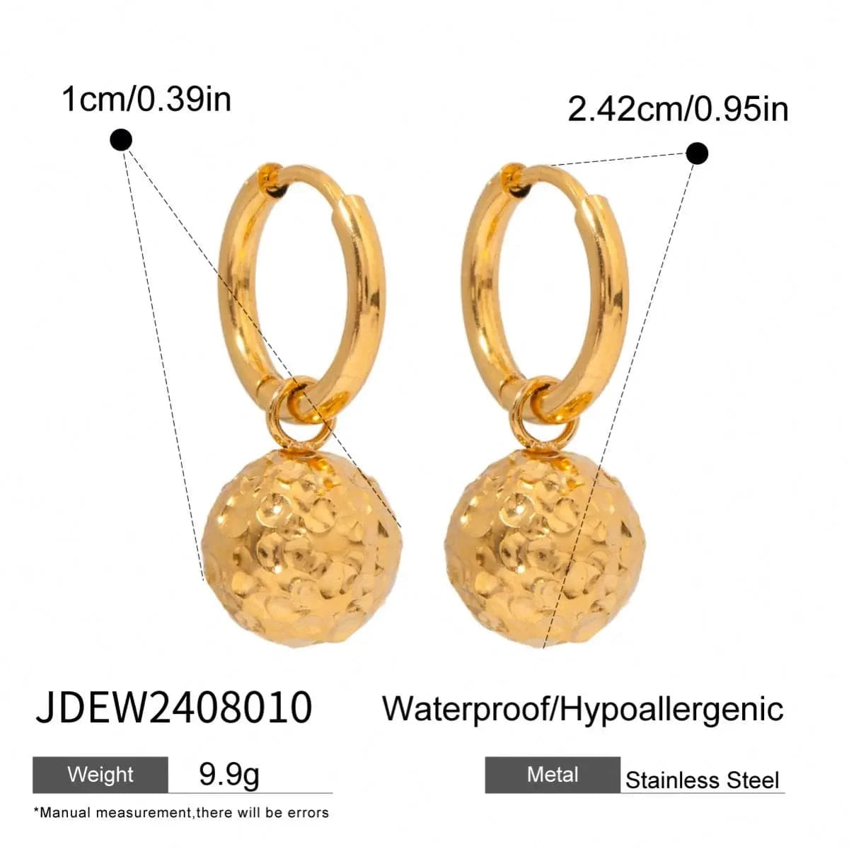 vintage / E2438 E2438 Fashion Jewelry 18K PVD Stainless Steel Gold Hammered Ball Clip Earrings