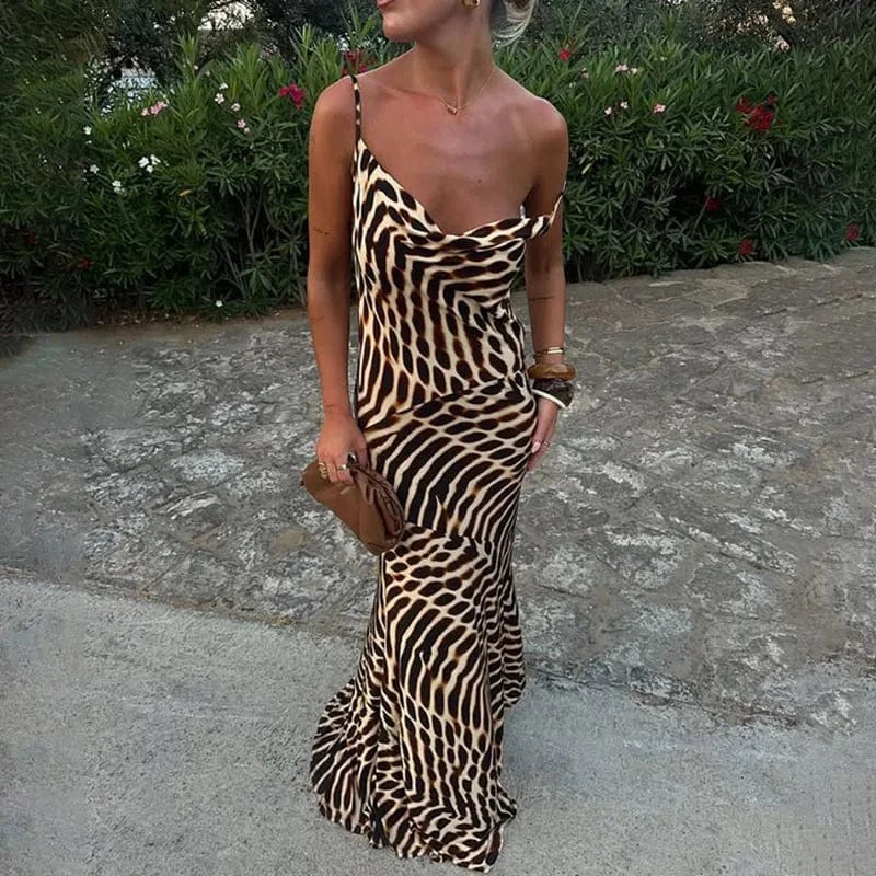 Vintage Leopard Print Slim Straps Long Dress Lady Casual Holiday Beach Bohemian Dress Spring Summer V Neck Sleeveless Maxi Dress