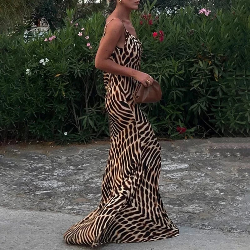 Vintage Leopard Print Slim Straps Long Dress Lady Casual Holiday Beach Bohemian Dress Spring Summer V Neck Sleeveless Maxi Dress