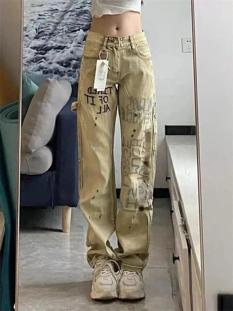 Vintage Letter Embroidered Jeans Woman High Waist Korean Fashion Ink Splash Pants Streetwear Straight Baggy Pants