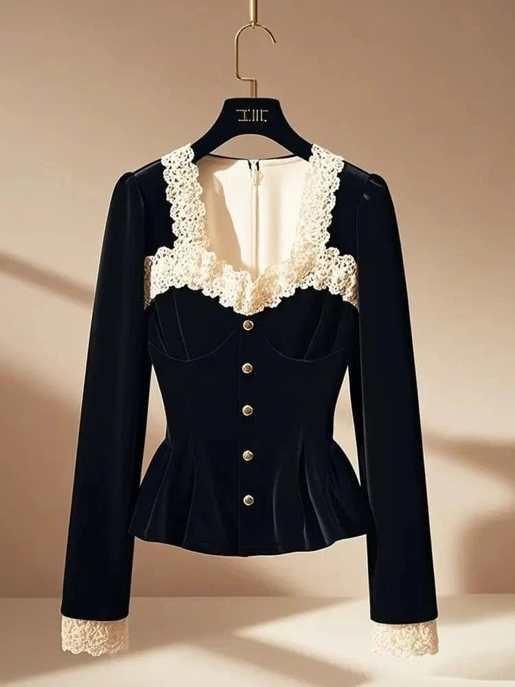 Vintage Luxury Lace Long sleeve Velvet Top Women Elegant Ladies Sequin Tunic Shirt Female Office Party Wear Top 2024 Korean New