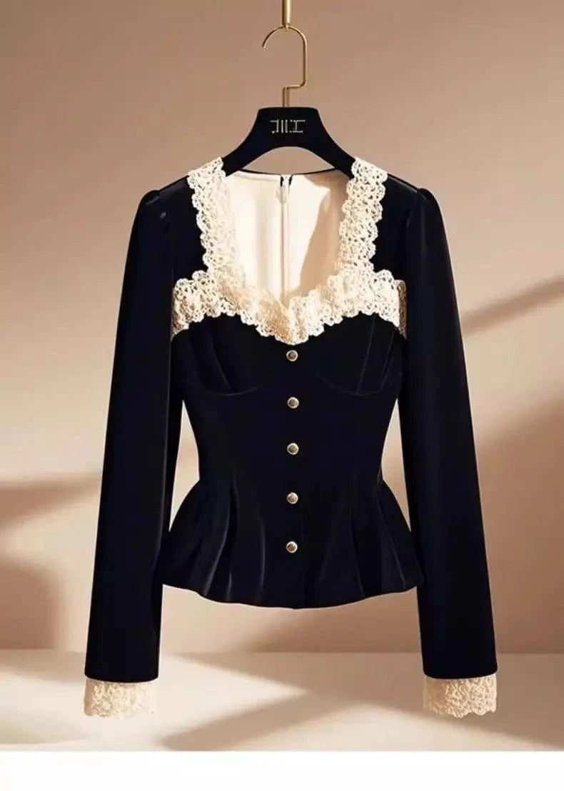 Vintage Luxury Lace Long sleeve Velvet Top Women Elegant Ladies Sequin Tunic Shirt Female Office Party Wear Top 2024 Korean New