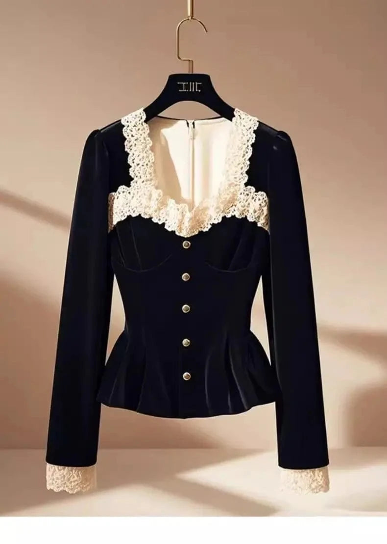 Vintage Luxury Lace Long sleeve Velvet Top Women Elegant Ladies Sequin Tunic Shirt Female Office Party Wear Top 2024 Korean New