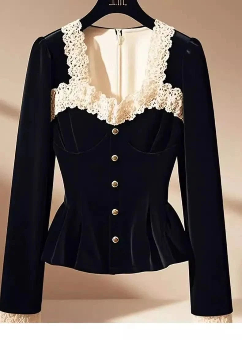 Vintage Luxury Lace Long sleeve Velvet Top Women Elegant Ladies Sequin Tunic Shirt Female Office Party Wear Top 2024 Korean New