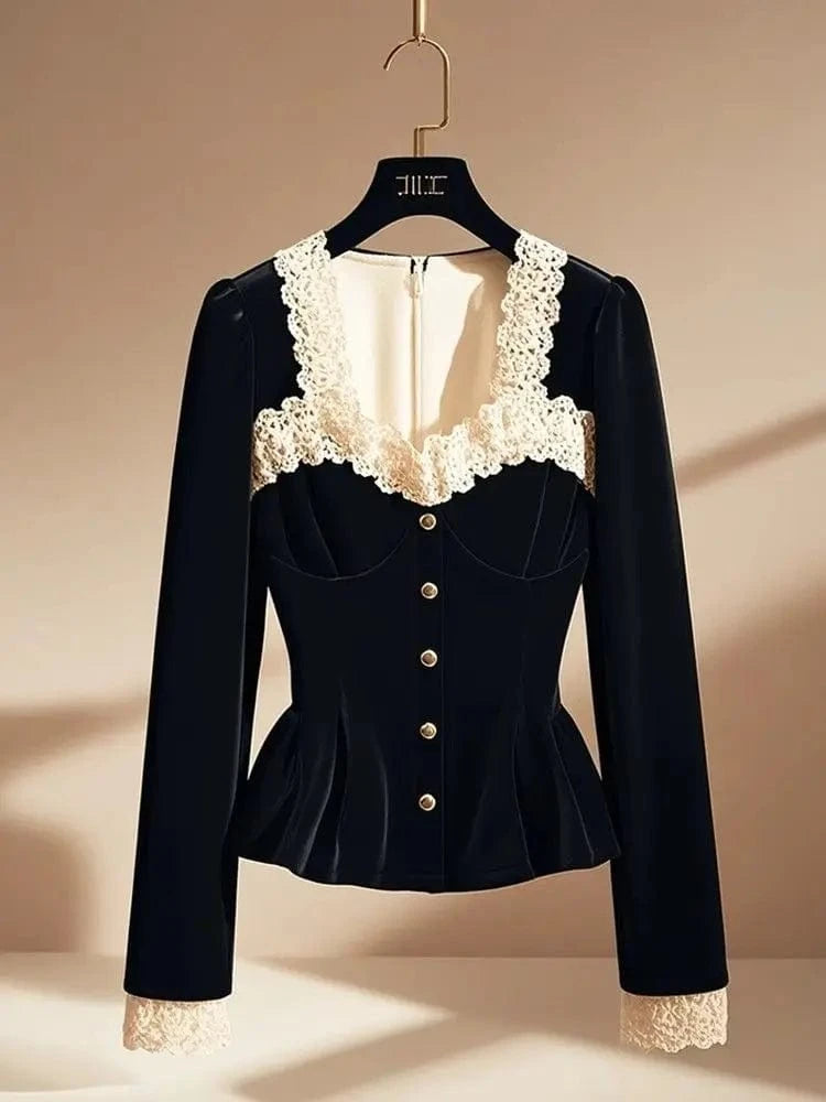 Vintage Luxury Lace Long sleeve Velvet Top Women Elegant Ladies Sequin Tunic Shirt Female Office Party Wear Top 2024 Korean New