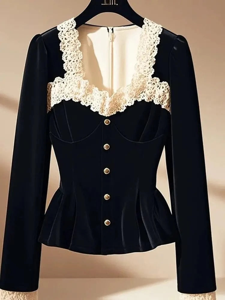 Vintage Luxury Lace Long sleeve Velvet Top Women Elegant Ladies Sequin Tunic Shirt Female Office Party Wear Top 2024 Korean New