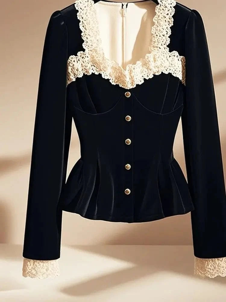 Vintage Luxury Lace Long sleeve Velvet Top Women Elegant Ladies Sequin Tunic Shirt Female Office Party Wear Top 2024 Korean New