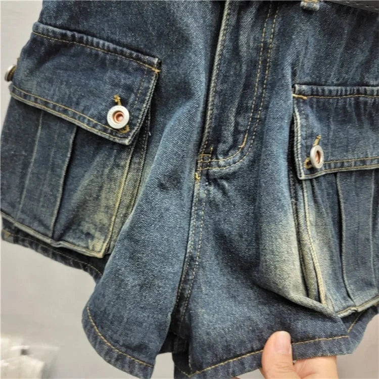 Vintage Pockets Casual Denim Jumpsuits For Women Strapless Sleeveless High Waist Off Shoulder Jumpsuit