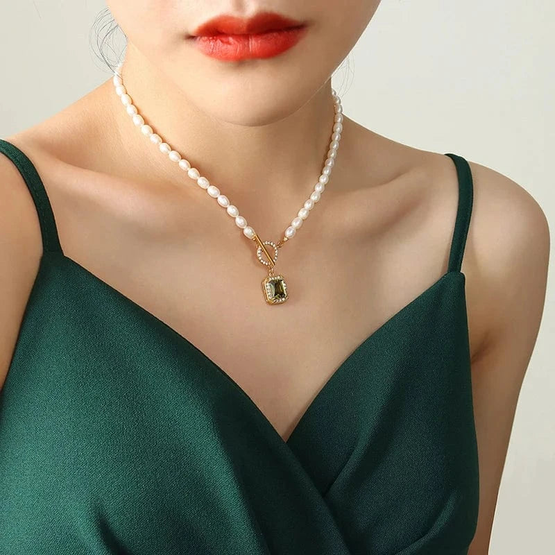 Vintage Stainless Steel Jewelry Necklace Zircon Freshwater Pearl OT Buckle Crystal Necklace