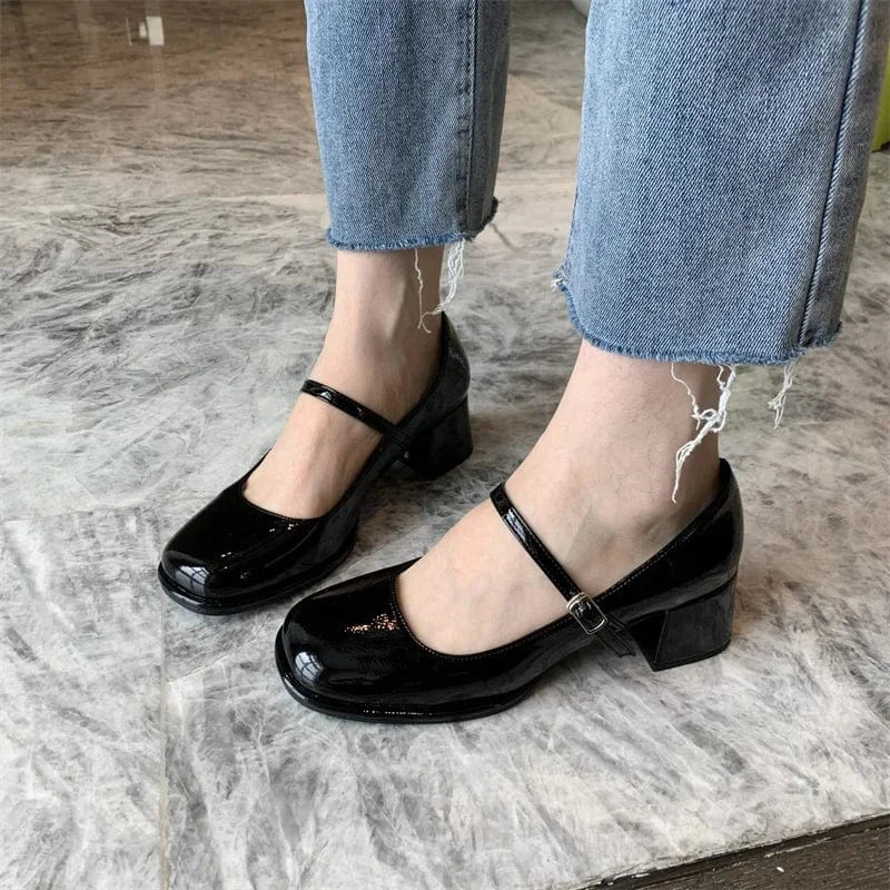 Vintage Thick Mary Jane Shoes Women 2022 Patent Leather Woman Round Toe Pumps Mujer Chunky Ladies Heels