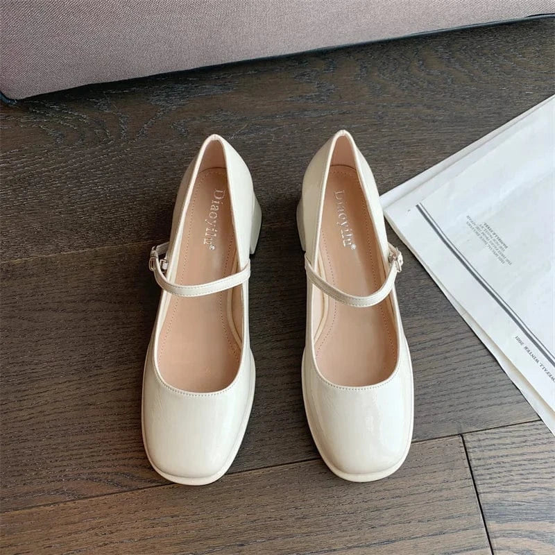 Vintage Thick Mary Jane Shoes Women 2022 Patent Leather Woman Round Toe Pumps Mujer Chunky Ladies Heels
