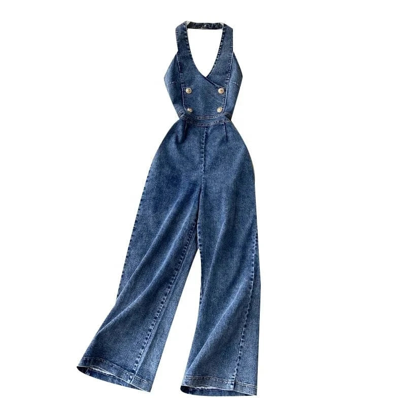 Vintage Wide Leg Women'S Suspenders Sleeveless Denim Jumpsuit