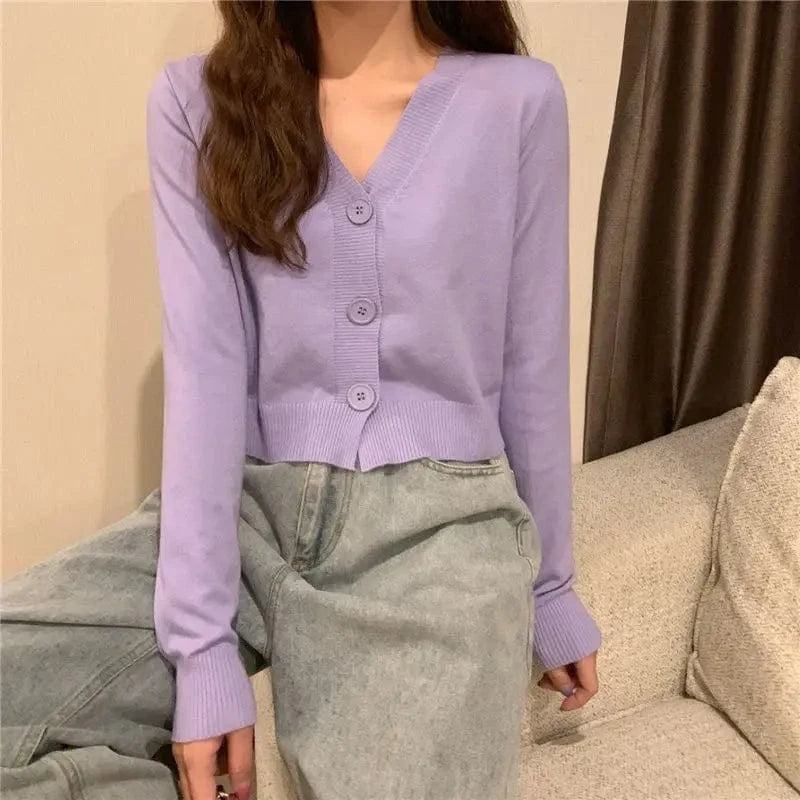 Violet / XL Knitted Cropped Cardigan Women Korean Short Sweater Long sleeve Crop Top V neck Fashion Y2k Clothes Green Blue