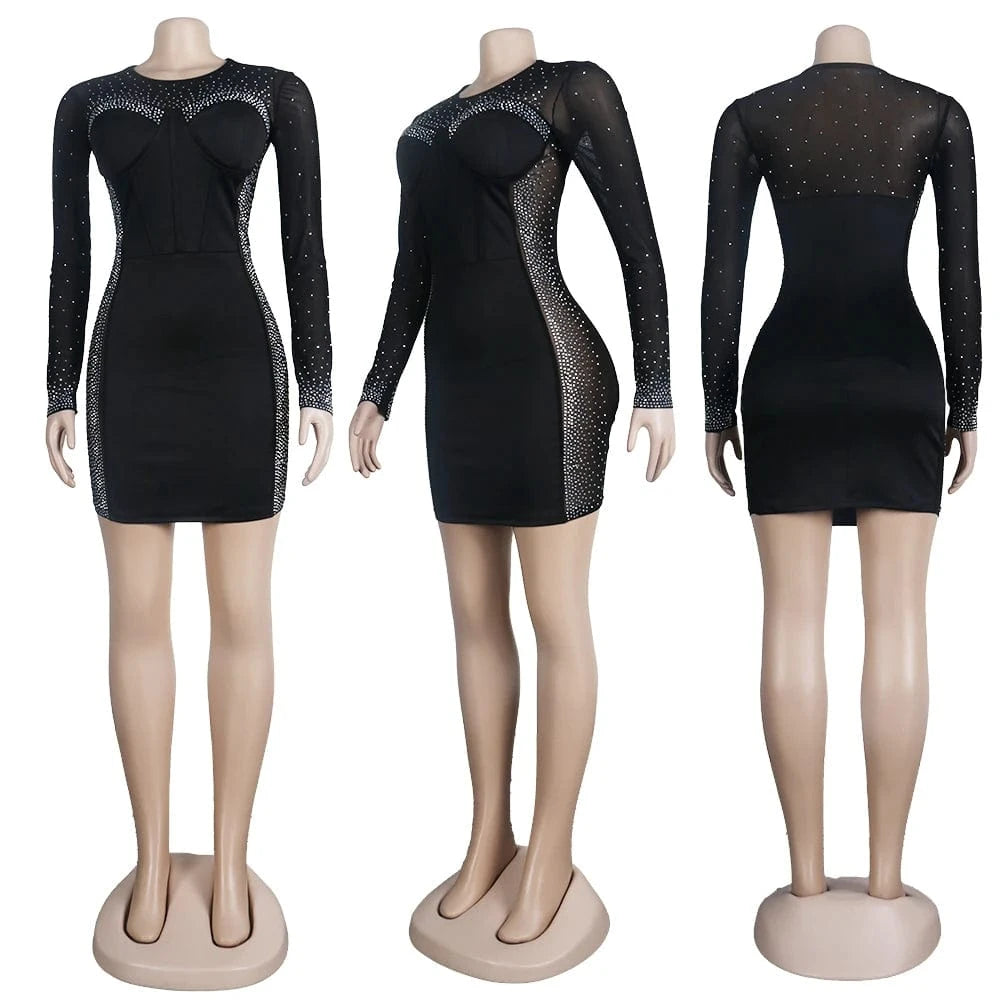VK2226 Autumn Fashion Plus Size Dress Bodycon Sexy Transparent Beading O-Neck Women Dress Long Sleeve