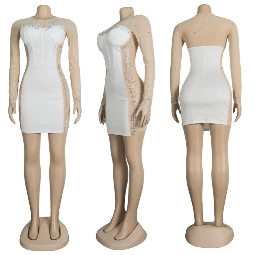 VK2226 Autumn Fashion Plus Size Dress Bodycon Sexy Transparent Beading O-Neck Women Dress Long Sleeve