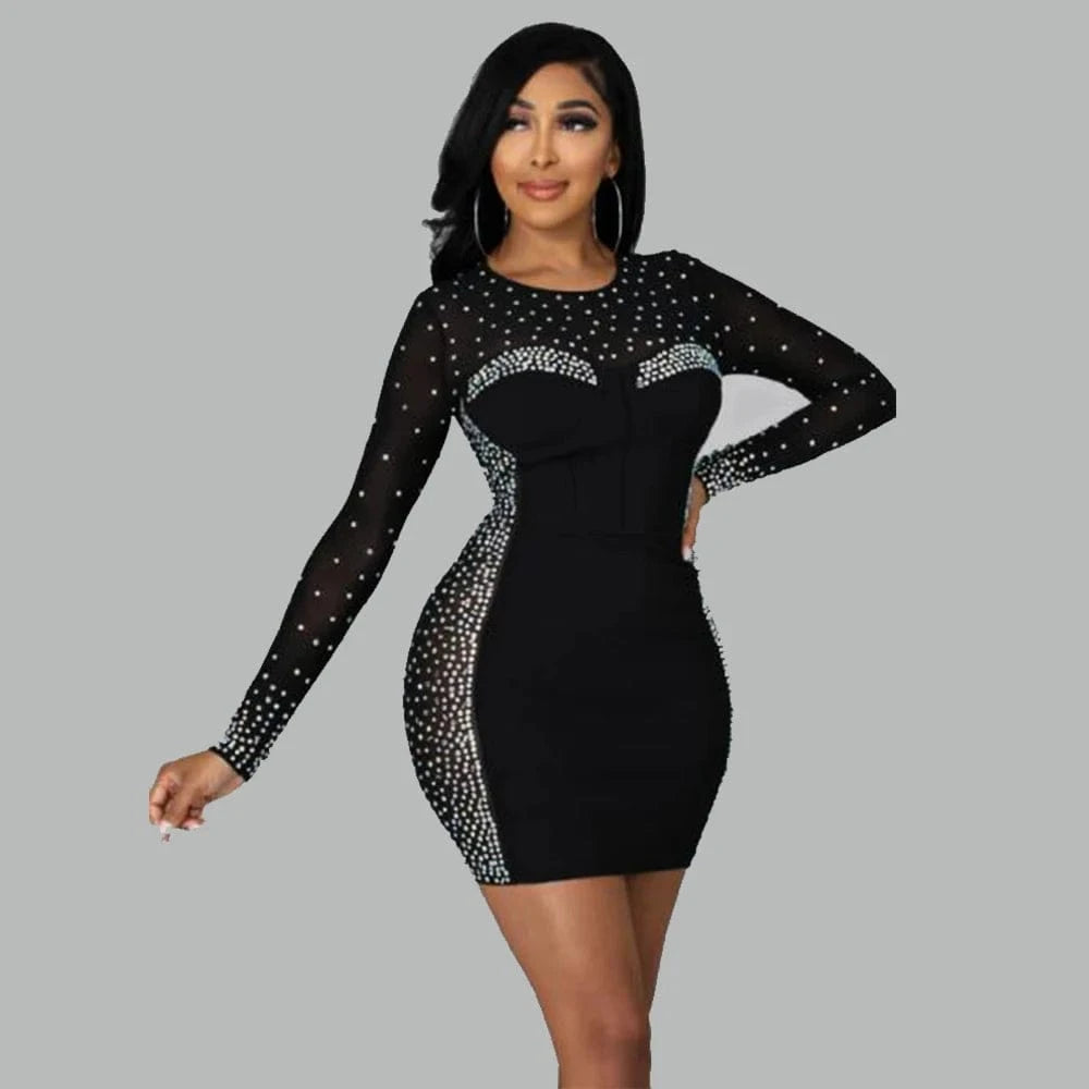 VK2226 Autumn Fashion Plus Size Dress Bodycon Sexy Transparent Beading O-Neck Women Dress Long Sleeve