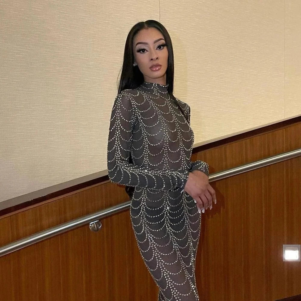 VK2230 African Plus Size Bodycon Women Dress Sexy Transparent Beading Long Sleeve O-Neck Shiny Dress