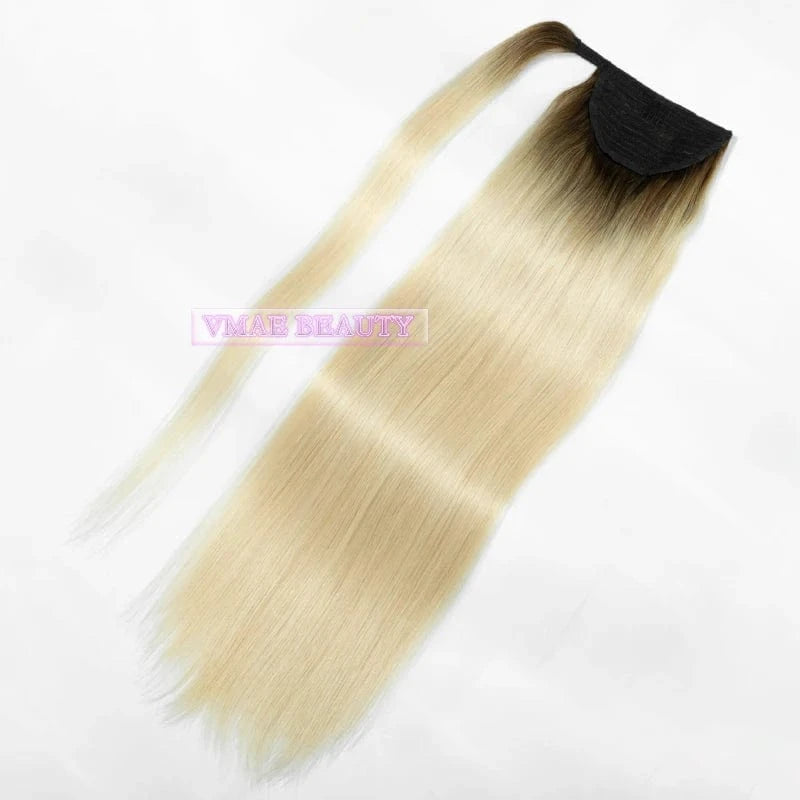 VMAE 100g Raw Remy Cuticle Aligned European Hair Ombre Color Dark Rooted Straight Wrap Around Ponytail Human Hair Extensions