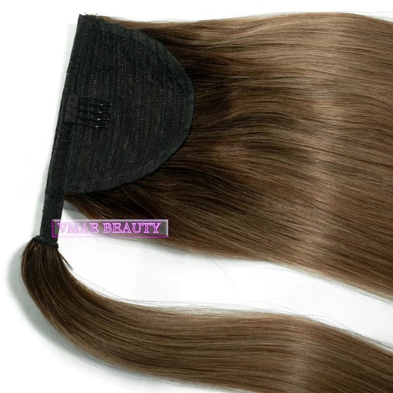 VMAE 100g Raw Remy Cuticle Aligned European Hair Ombre Color Dark Rooted Straight Wrap Around Ponytail Human Hair Extensions