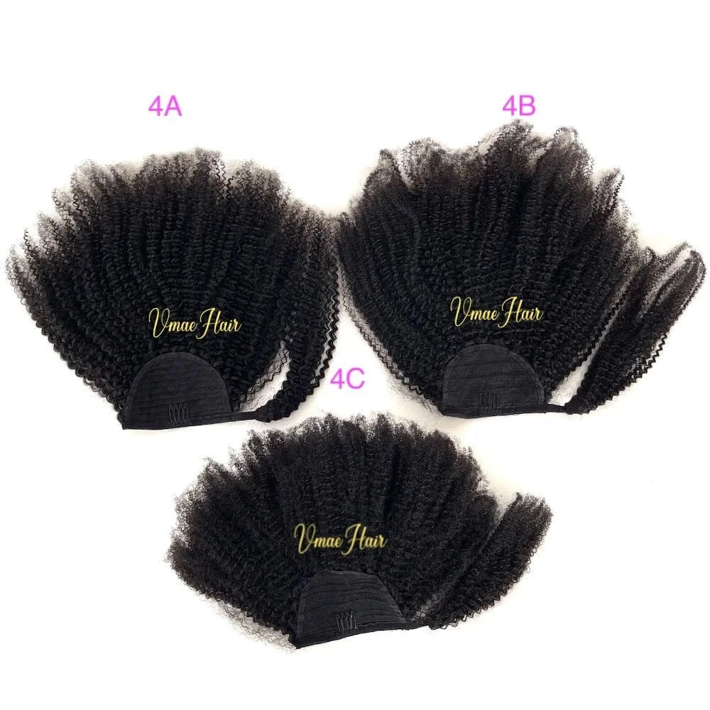 VMAE Indian Remy Afro Kinky Curly Raw Cuticle Aligned Wrap around Ponytail Drawstring Human Hair Extensions 3A 3B 4C Ponytails