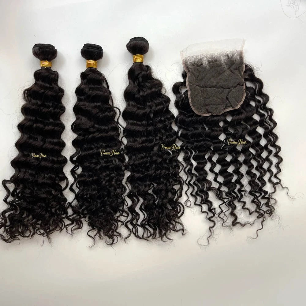 VMAE Raw Afro Kinky Curly Wavy Deep Wave Bundles Human Hair with Frontal and Closure Cuticle Aligned Hair HD Lace Closure
