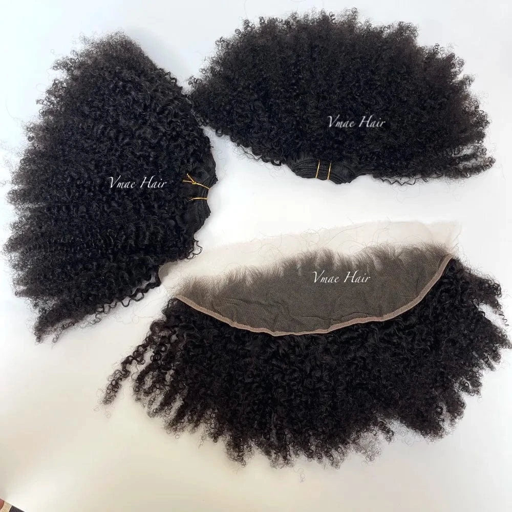 VMAE Raw Cuticle Aligned 3A 3C 4A 4B 4C Afro Kinky Curly Closure and Frontals bundles Human Hair with Frontal and Closure