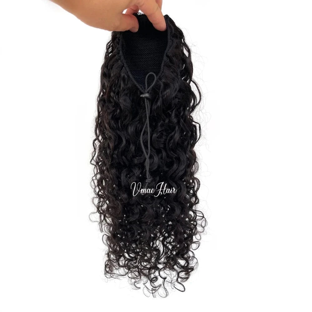 VMAE Wholesale 100g Virgin Deep Curly Water Wave Wavy Raw Cuticle Aligned Remy Drawstring Ponytail Human Hair Extensions