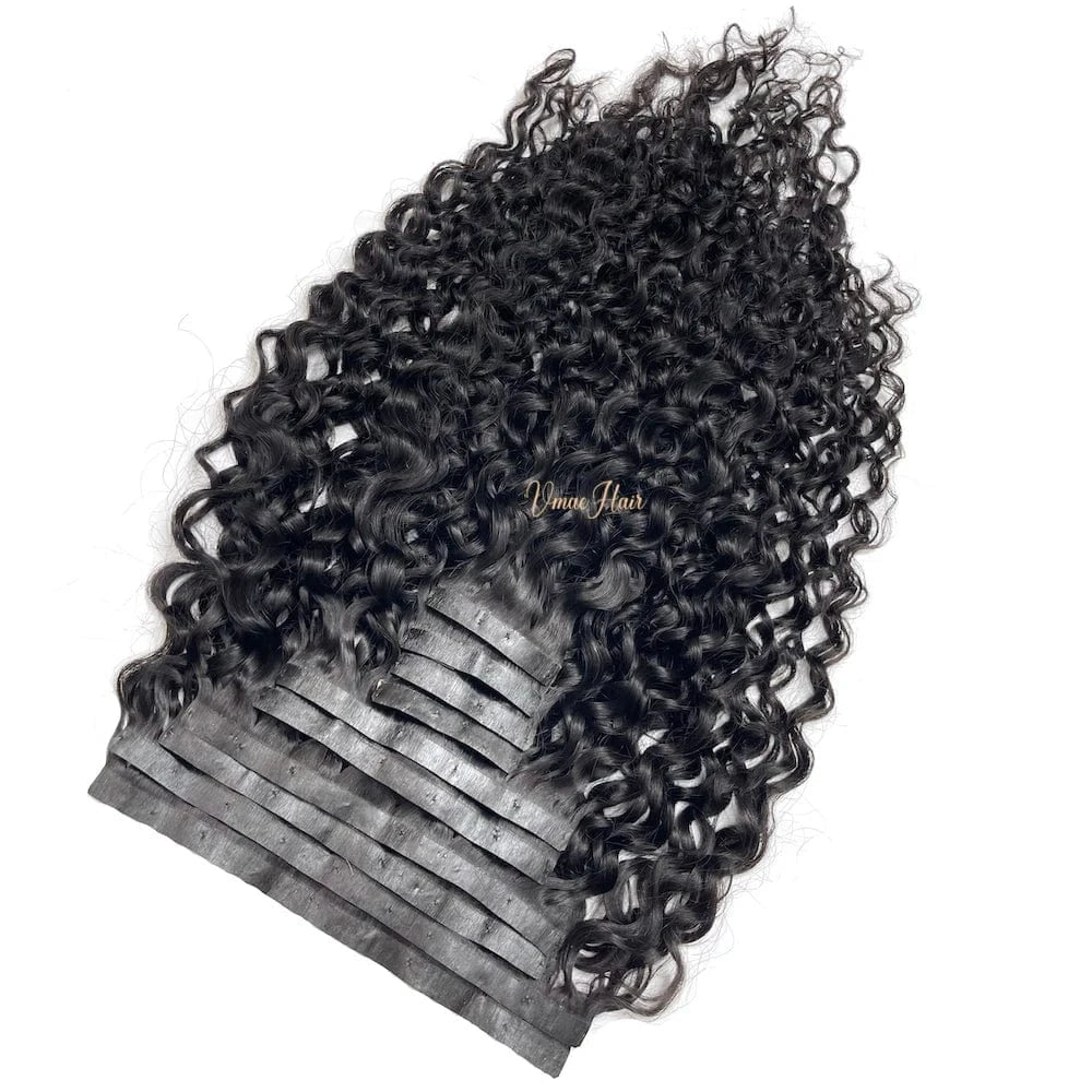 VMAE Wholesale Afro-Style Clip-In Hair Extension Raw Cuticle Aligned Human Hair PU Invisible Clip Ins Water Wave Italy Curly