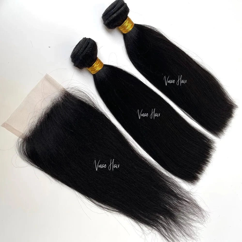 VMAE Wholesale Cuticle Aligned Body Natural Wave Remy Raw Brazilian Yaki Bone Straight Human Hair Bundles with Closure