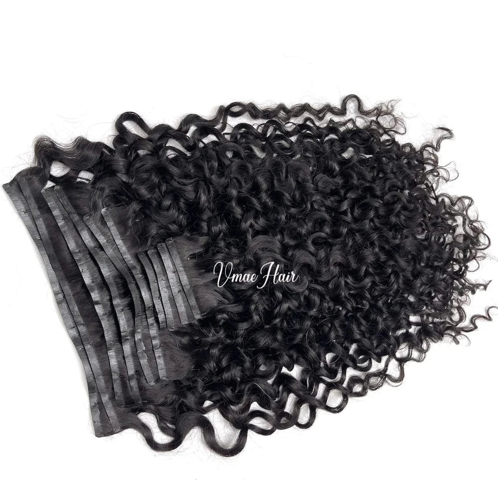 VMAE Wholesale Cuticle Aligned Human Hair PU Invisible Clip Ins Water Wave Kinky Seamless Clip In Raw Vietnamese Hair Extension