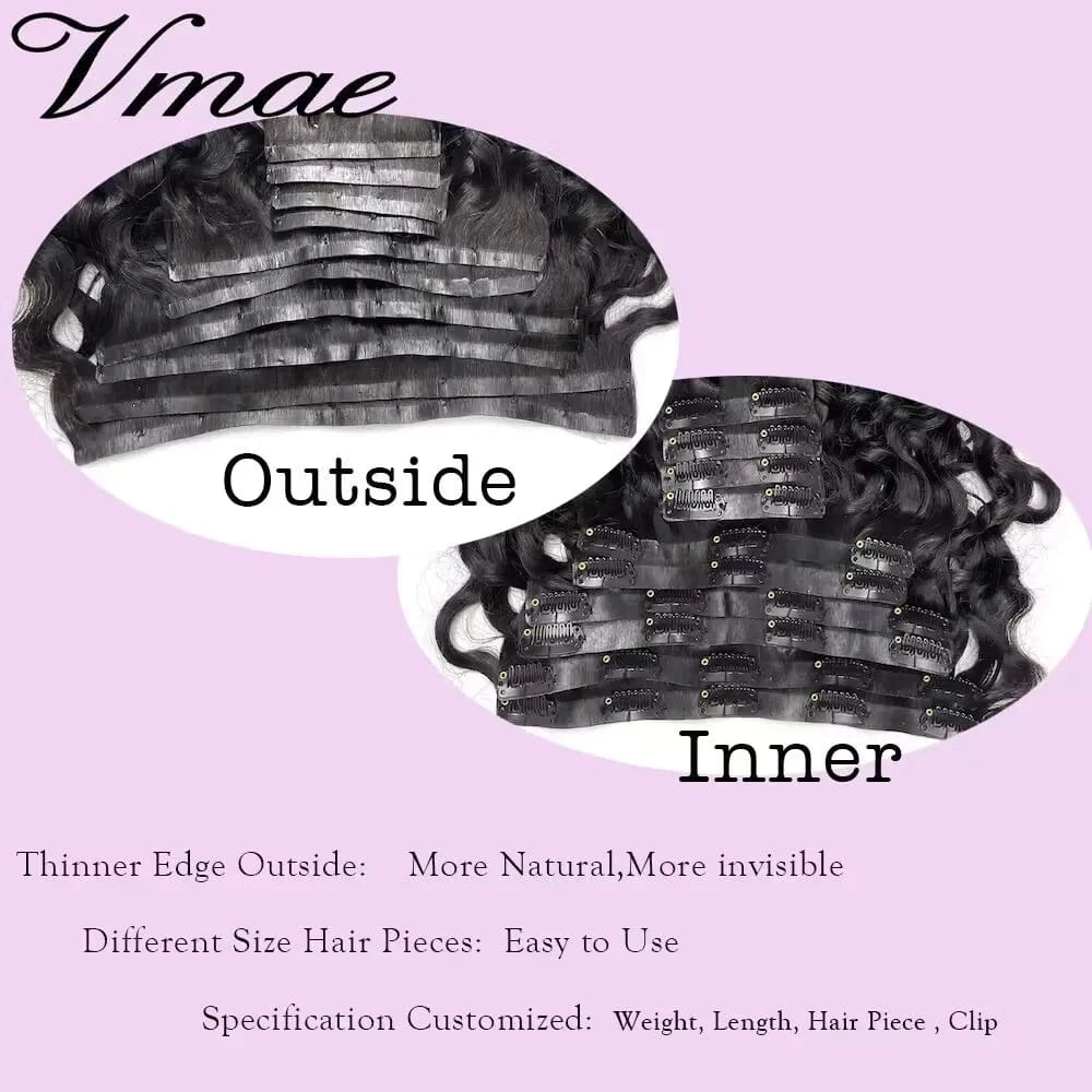 VMAE Wholesale Cuticle Aligned Human Hair PU Invisible Clip Ins Water Wave Kinky Seamless Clip In Raw Vietnamese Hair Extension