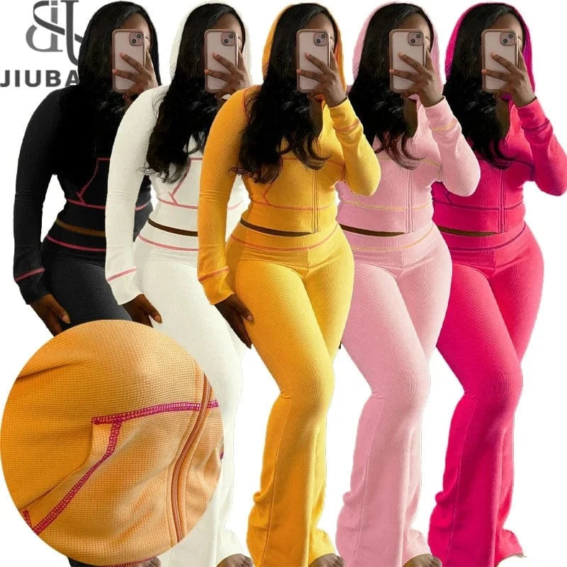 Waffle Texture Striped Women's Set Hooded Tops+Flare Pants Suits 2024 Autumn Casual Street Baddie 2 Piece Sets
