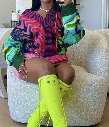 Water Ripple Cardigan for Women Autumn Winter New Single-breasted V-neck Long-sleeved Knitted Cardigan Sweater Coat