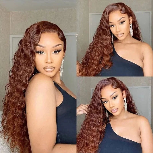 Water Wave / 10 Inches #33 Auburn Brown Red Color Curly Body Wave 13x4 Lace Frontal Wigs Transparent Lace Glueless Human Hair Wig