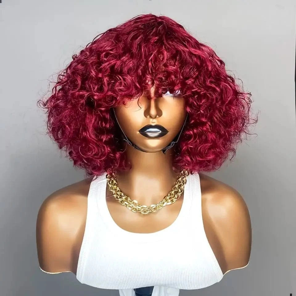 Water Wave Bob Wig With Bangs Bone Human Hair Wigs For Women Human Hair No Lace Full Machine Made Wigs Fringe