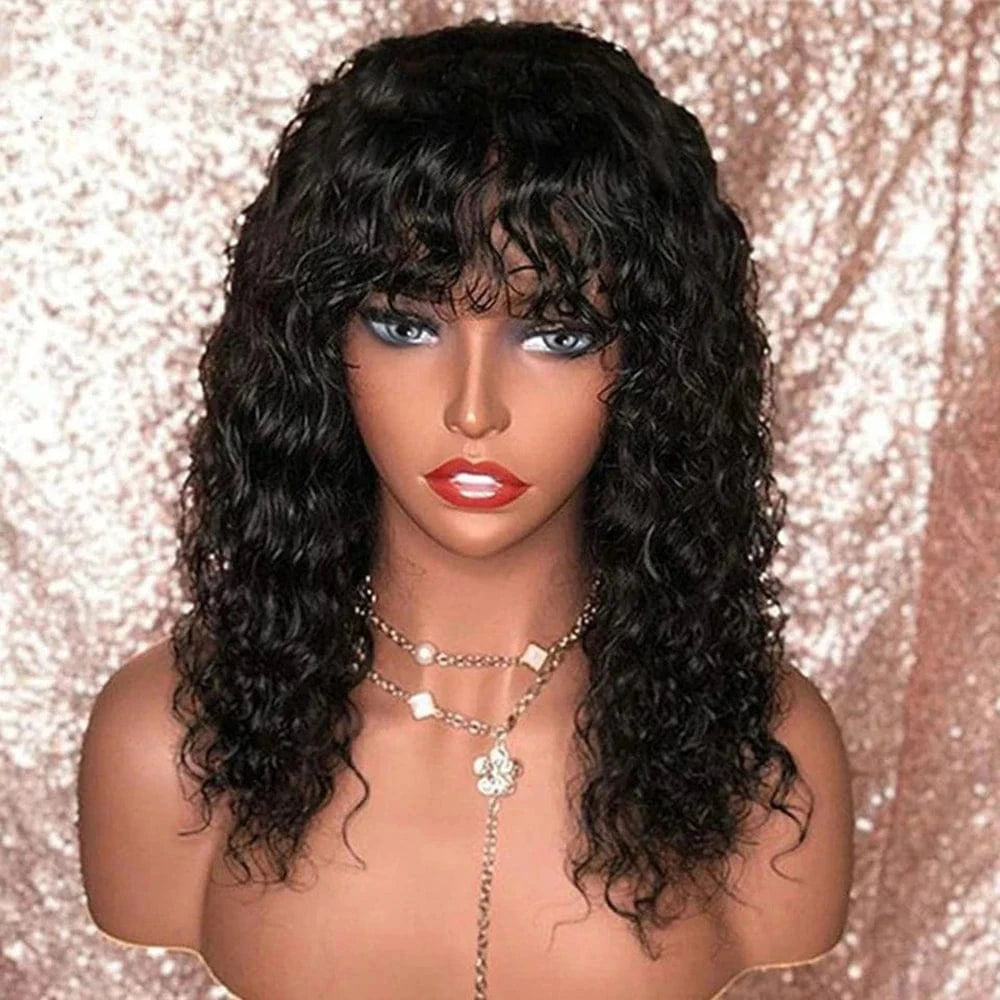 Water Wave BOB Wig With Bangs Human Hair Realistic Look Bang Wig 180% Medium Length Curly Wigs for Black Women Natural Black