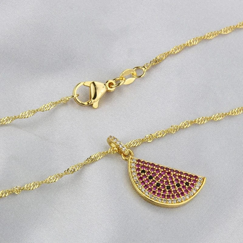 watermelon / Gold 18k Gold Plated Sweet Cute Chain Choker Color Cubic Zirconia Watermelon Pendant Exquisite Fashion Jewelry Accessories For Women