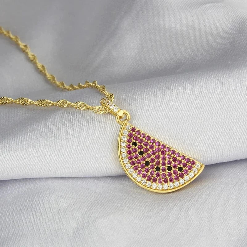 watermelon / Gold 18k Gold Plated Sweet Cute Chain Choker Color Cubic Zirconia Watermelon Pendant Exquisite Fashion Jewelry Accessories For Women