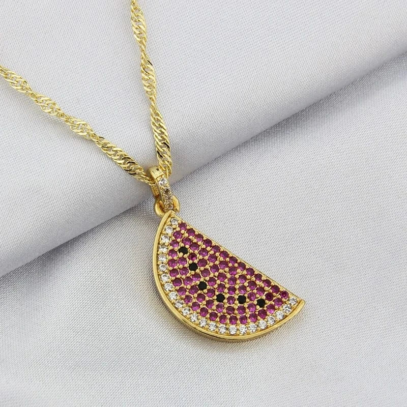 watermelon / Gold 18k Gold Plated Sweet Cute Chain Choker Color Cubic Zirconia Watermelon Pendant Exquisite Fashion Jewelry Accessories For Women