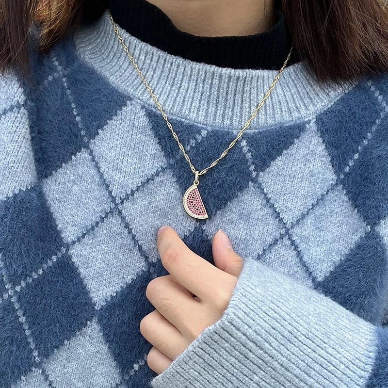 watermelon / Gold 18k Gold Plated Sweet Cute Chain Choker Color Cubic Zirconia Watermelon Pendant Exquisite Fashion Jewelry Accessories For Women